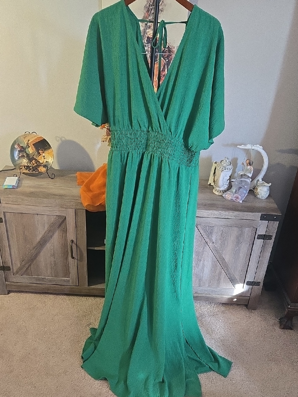 ODDY Emerald Green V-Neck Maxi with Smocked Waist Tie-Back